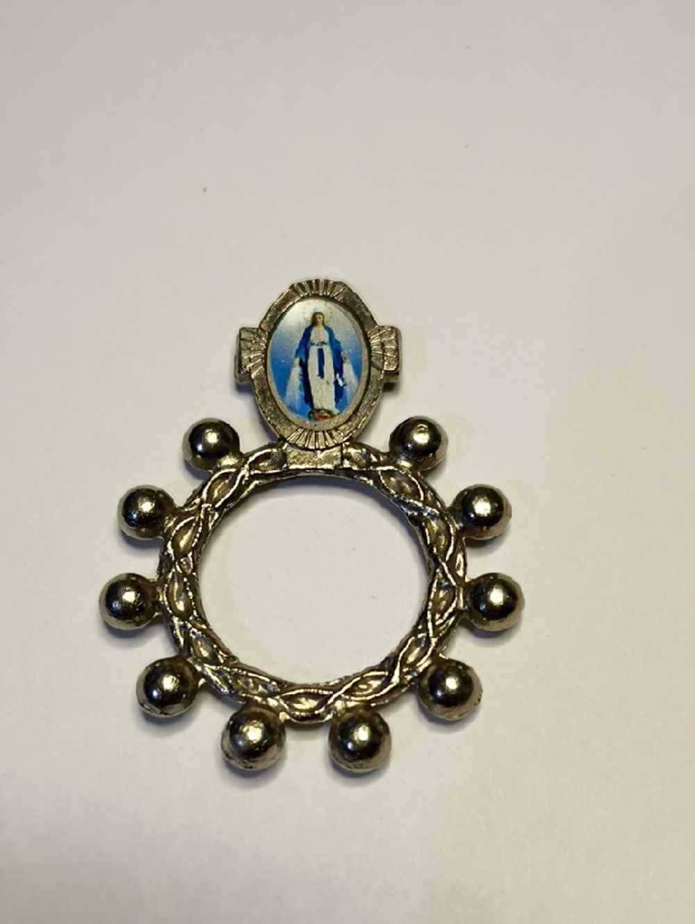 Silver-Tone Virgin Mary Rosary Ring with Blue Enamel Accent Ring Size 8
